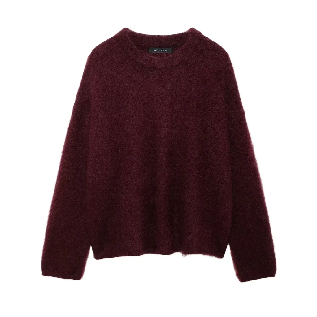 Women's Street Fashion Solid Colour Round Neck Large Profile Sweater - Wine Red
