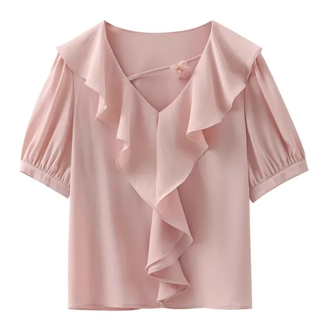 Women's French Ruffled Puff Sleeve Short Sleeve Top Pink - Shop at LoveMi