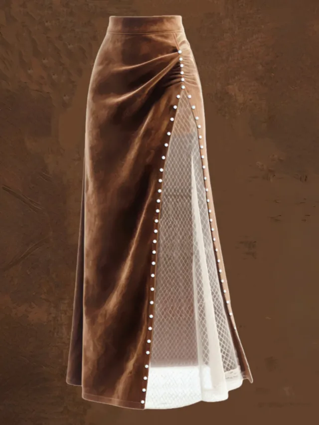 Womens Retro Western Mesh Patchwork Beaded Long Skirt Brown - Shop at LoveMi