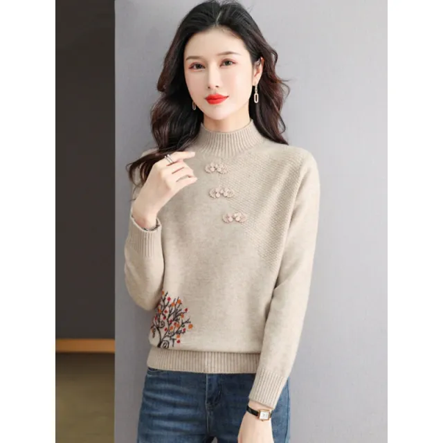 Half Turtleneck Bottoming Shirt Middle aged Mom Sweater Button Top Apricot - Shop at LoveMi