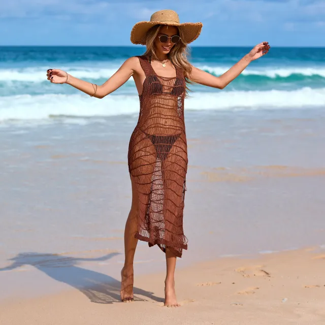 Strapless Side Slit Long Hollowed Out Bikini Cover up Beach Dress Coffee Color - Shop at LoveMi