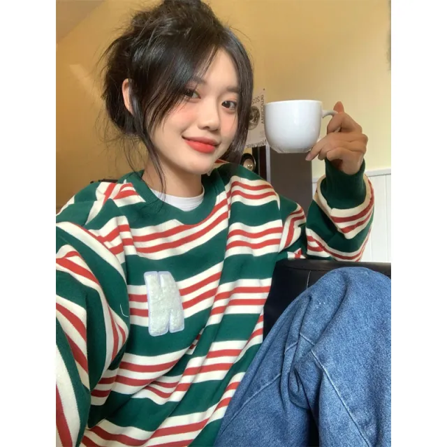 Retro Alphabet Embroidered Striped Sweater - Shop at LoveMi