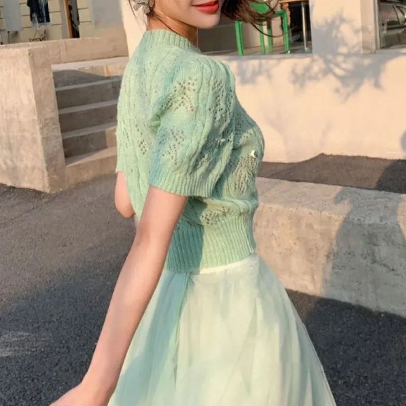 Summer Wear Single Pink Knitwear Short Sleeve Women - Green