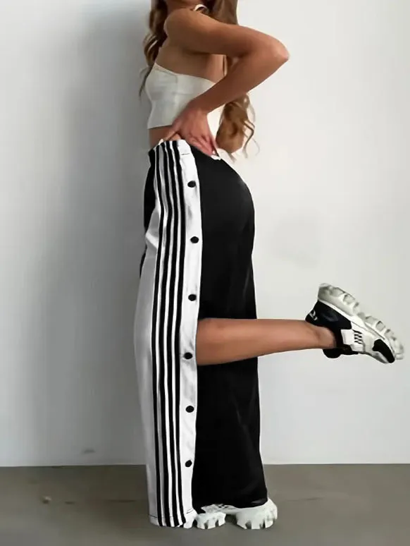 Fashion Trend Stripes Side Button Pants Wide Leg Pants Black - Shop at LoveMi