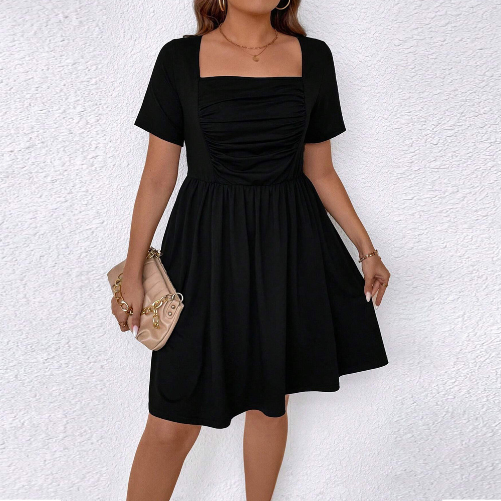 Plus Size Women's Clothing Square-neck Cinched Short Sleeve Dress