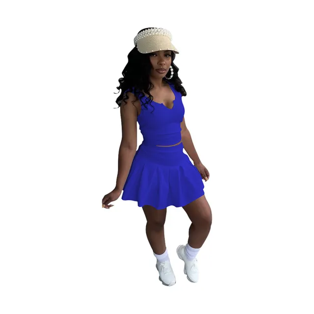 Solid Color And V neck Sleeveless Pleated Pants Skirt Tennis Skirt Suit Blue - Shop at LoveMi