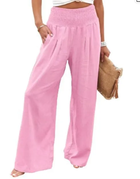 Casual Wide leg Cotton And Linen Popular Loose Trousers Pink - Shop at LoveMi