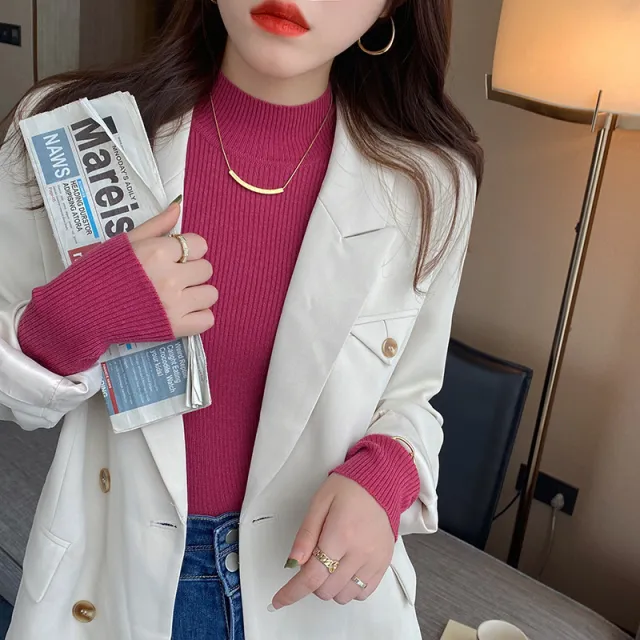 Autumn And Winter New Half Turtleneck Slim Fit Long Sleeve Inner Wear Knitwear For Women Rose Red - Shop at LoveMi