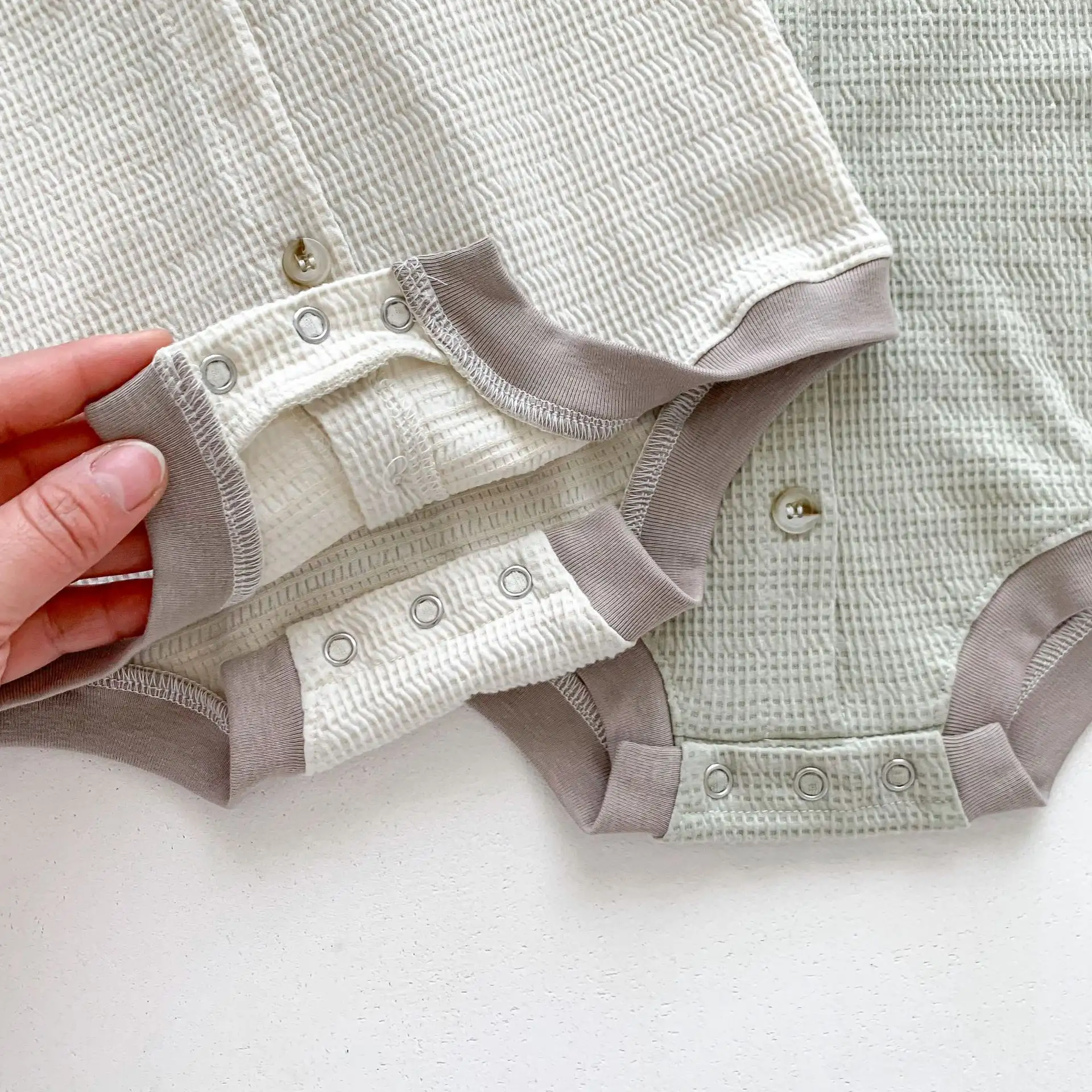 Baby Waffle Round Neck Solid Color Open Buckle Triangle Overalls