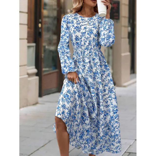 Women's New Printed Round Neck Long Sleeve Ruffled Dress Blue - Shop at LoveMi
