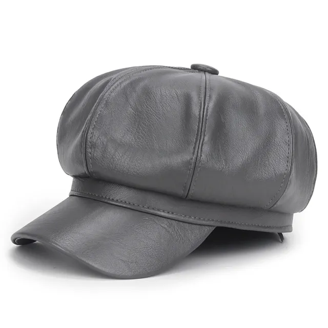 Autumn Winter Retro Beret Women Pu Leather Solid Color Gray - Shop at LoveMi