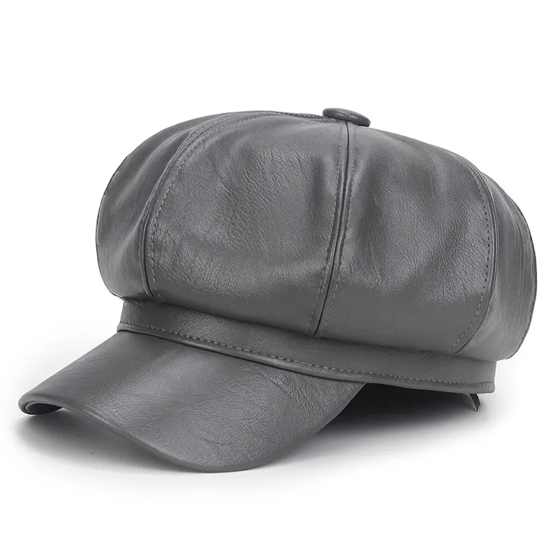 Autumn Winter Retro Beret Women Pu Leather Solid Color - Gray
