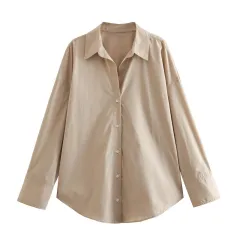 Autumn Women Clothing Printed Silk Satin Texture Drape Shirt - Khaki - View 1