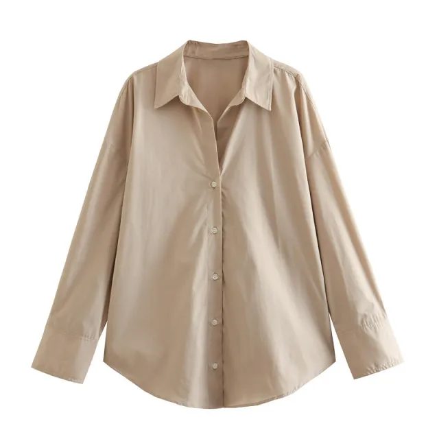 Autumn Women Clothing Printed Silk Satin Texture Drape Shirt Khaki - Shop at LoveMi