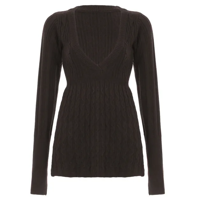 Retro Low cut V neck Casual Style Long Sleeve Dark Brown - Shop at LoveMi