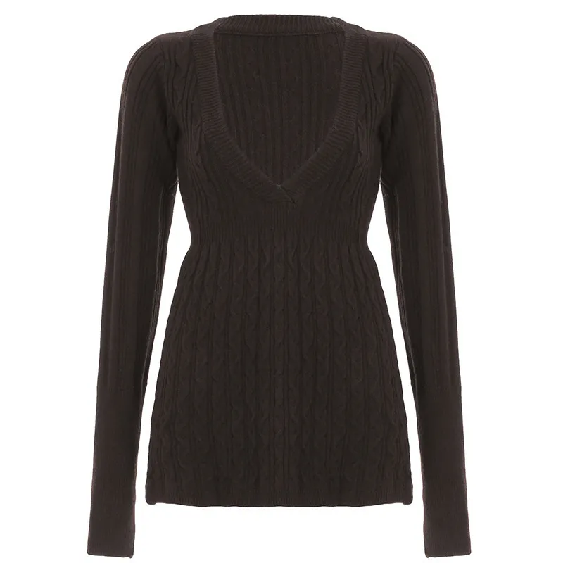 Retro Low-cut V-neck Casual Style Long Sleeve - Dark Brown