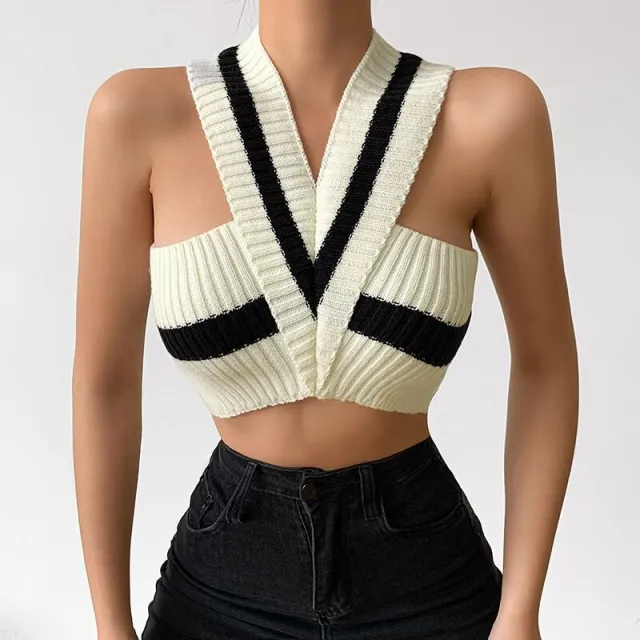 V neck Knitted Vest Striped Halter Midriff baring Top Women White - Shop at LoveMi