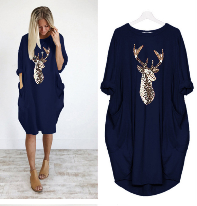 Christmas Pattern Printed Sweater Dress Round Neck Spring And Autumn Dress