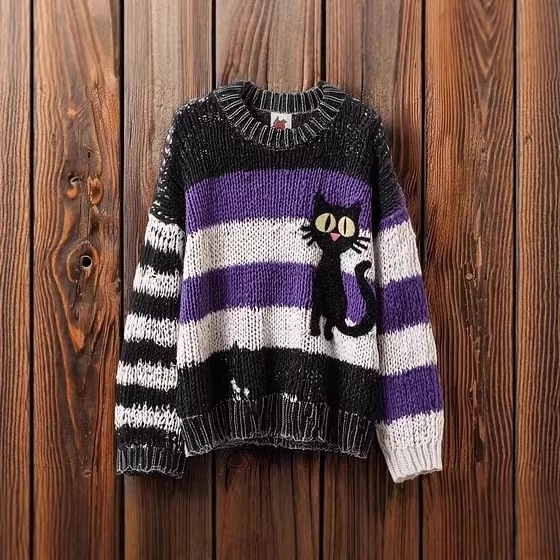 Retro Quirky Loose-fit Crew-neck Pullover Top
