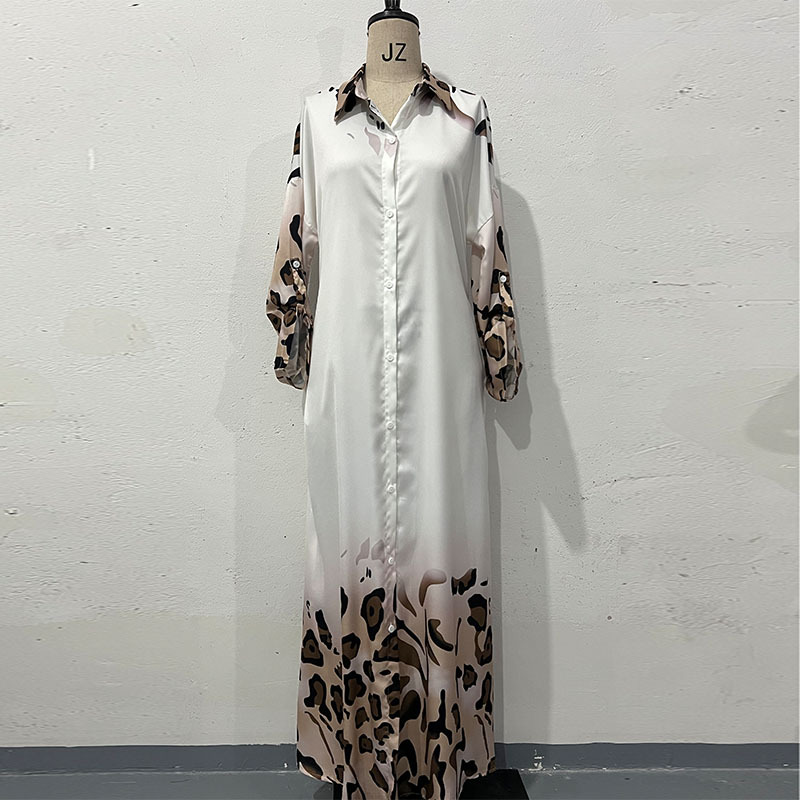 Positioning Printed Long Sleeve High Waist Temperament Vintage Robe Dress White - Shop at LoveMi