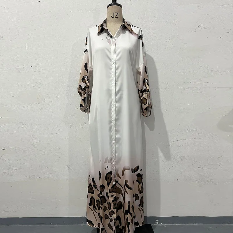 Positioning Printed Long Sleeve High Waist Temperament Vintage Robe Dress - White