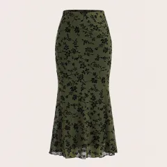 Dark Green Floral Half-length Fishtail Skirt For Women - Green - View 1