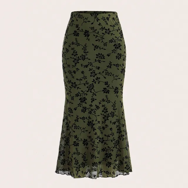 Dark Green Floral Half length Fishtail Skirt For Women Green - Shop at LoveMi
