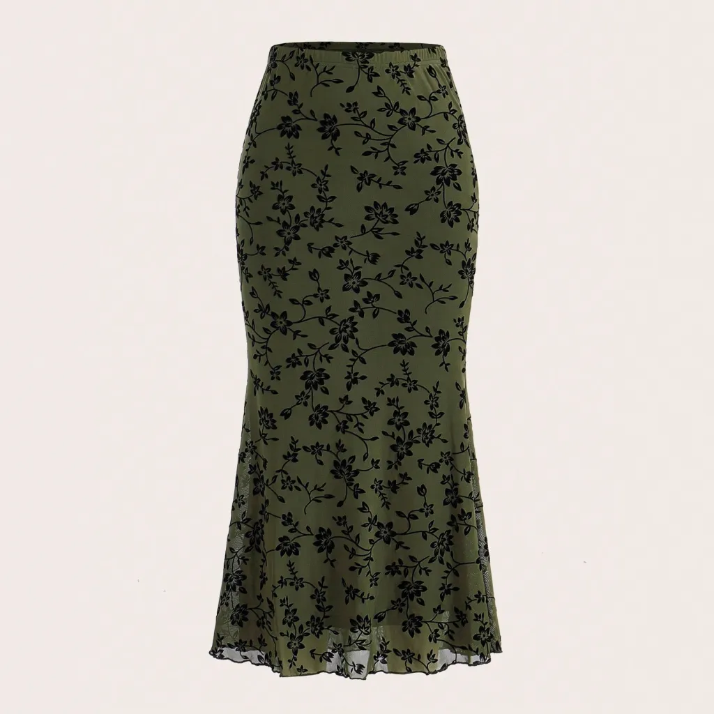 Dark Green Floral Half-length Fishtail Skirt For Women - Green