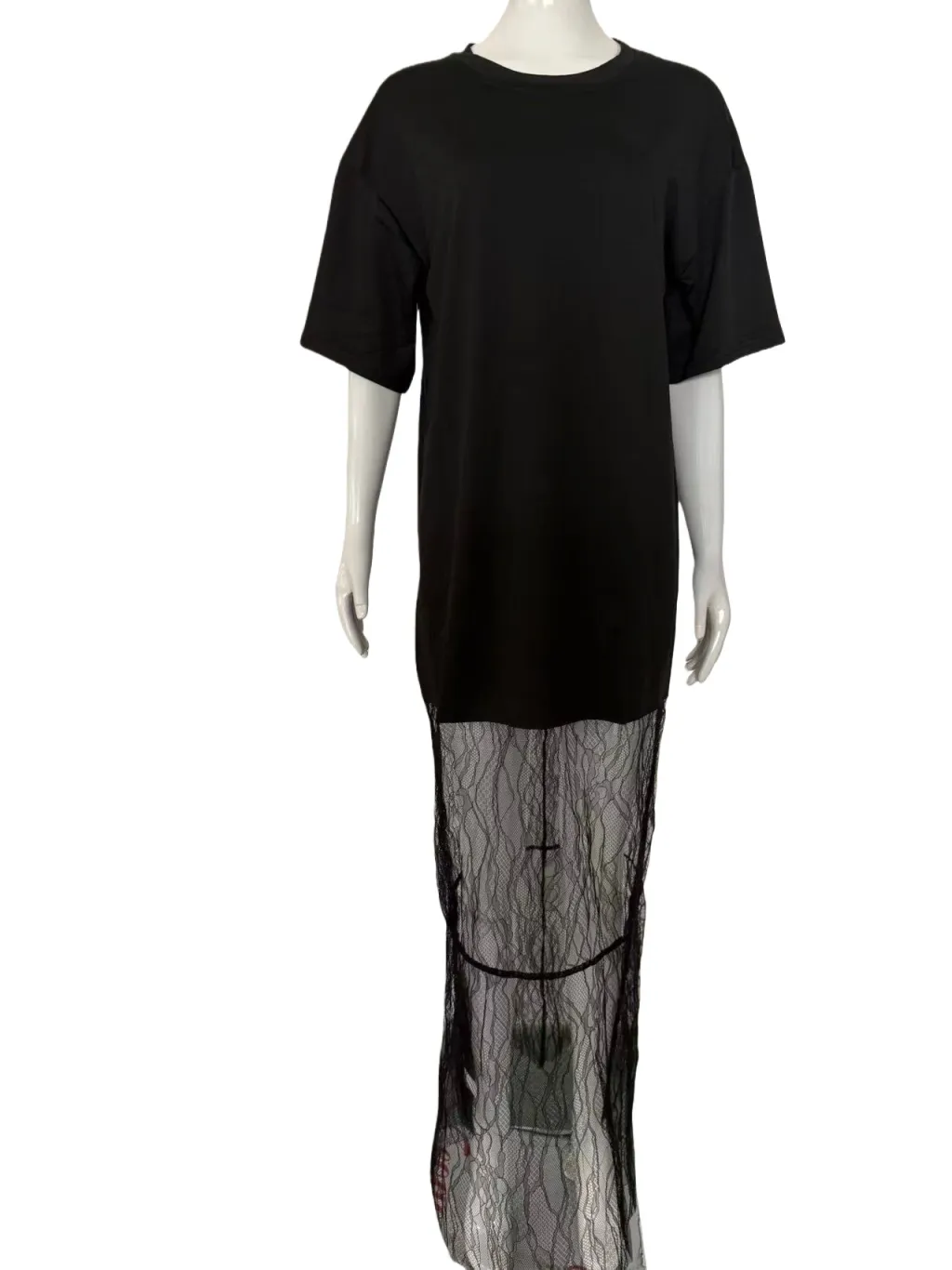 Round Neck Sweater Stitching Lace Temperament Dress - Black