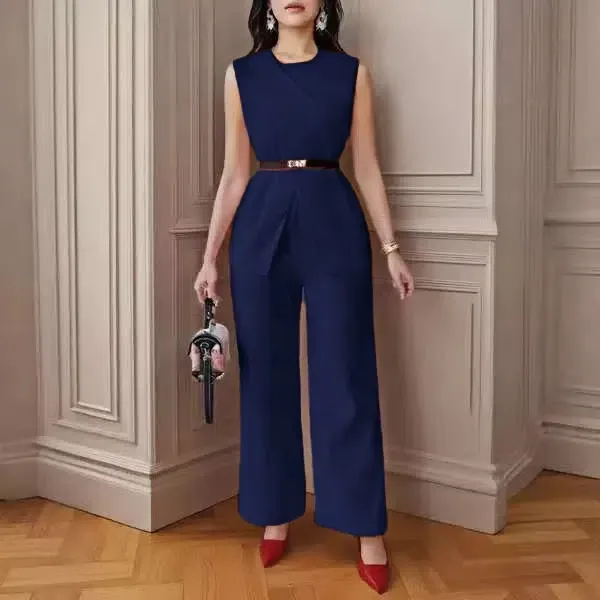 Top Sleeveless Belt Two piece Pants Casual Suit Dark Blue - Shop at LoveMi