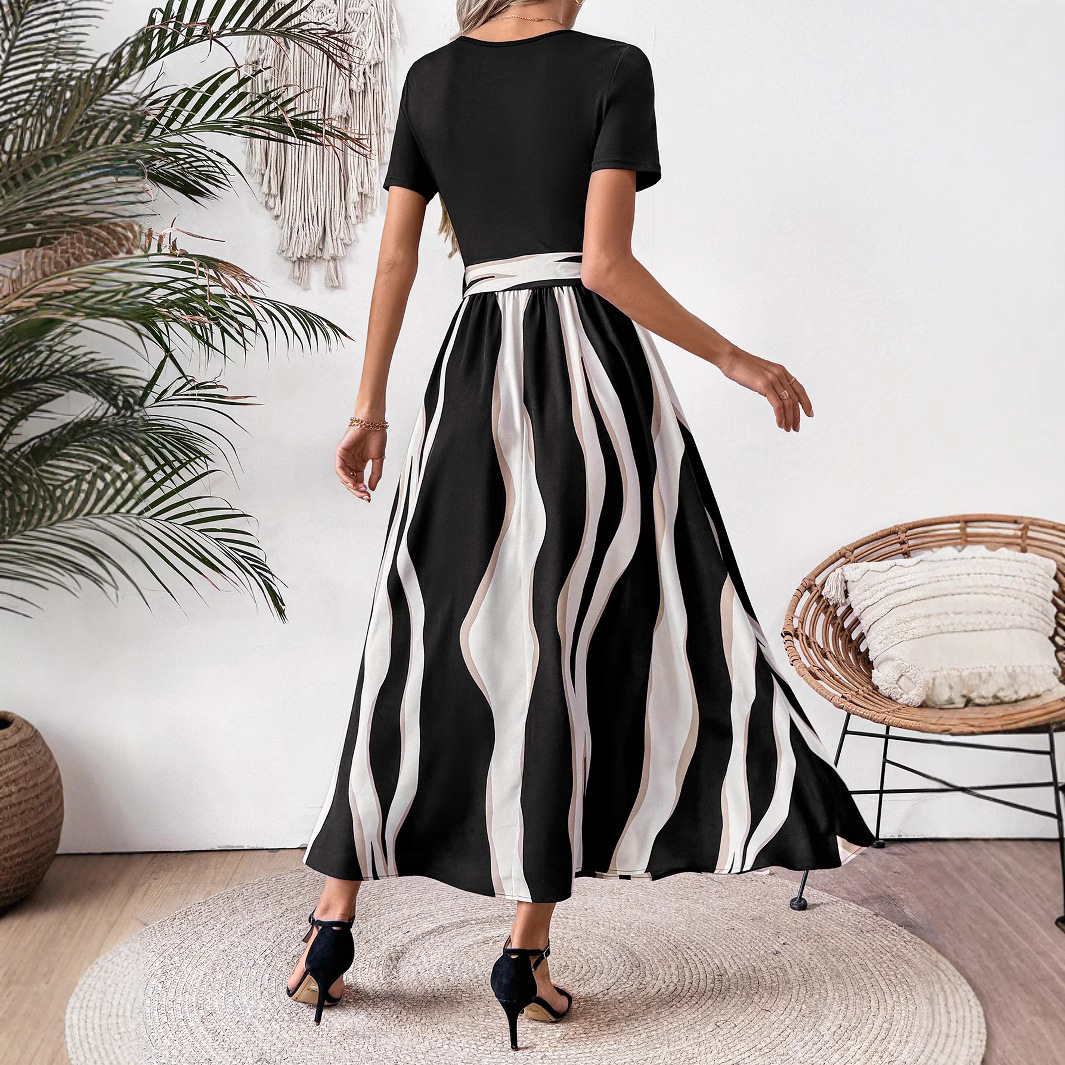 Round Neck Stitching Printing Short Sleeve Large Swing Dress