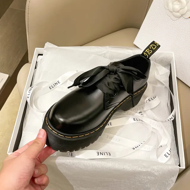 Women's Platform Ribbon Leather Shoes Black - Shop at LoveMi