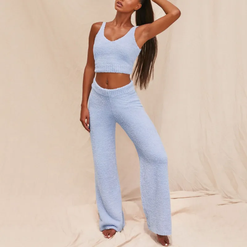 Solid Colour Korean Velvet V-neck Vest Pants Women's Clothing - Blue