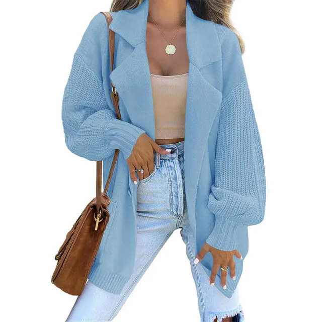 Cardigan Suit Collar Long Sleeve Knitted Fall Winter Fashion Sweater Blue - Shop at LoveMi