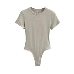 Neck Short Sleeve Rompers Slim Fit Slimming T-shirt Top - Greige - View 1