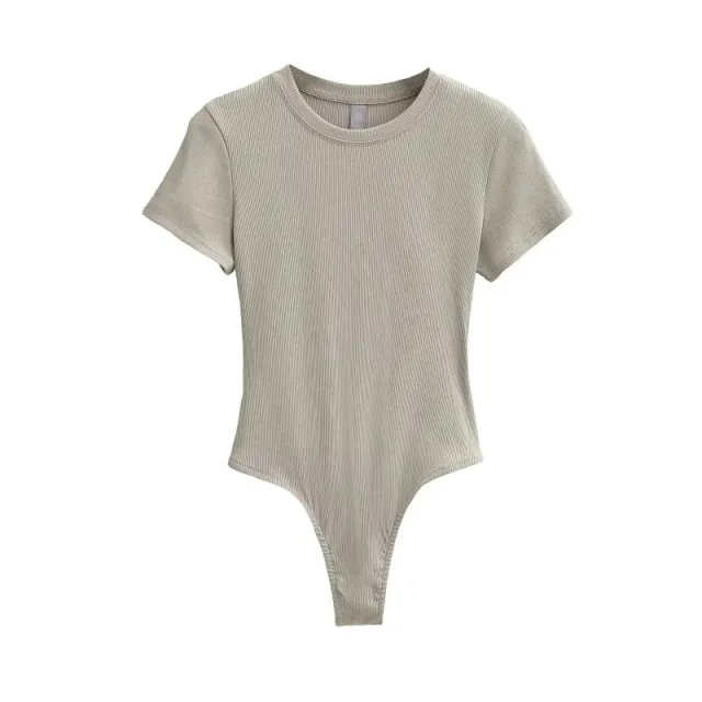Neck Short Sleeve Rompers Slim Fit Slimming T shirt Top Greige - Shop at LoveMi