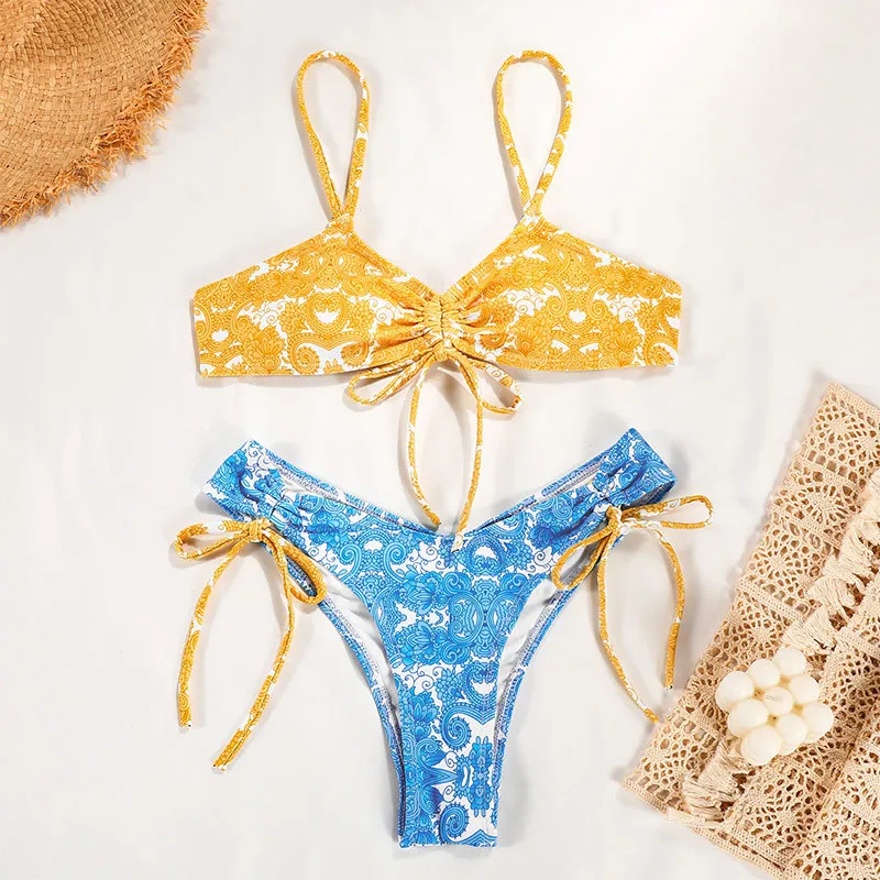 New Split Swimsuit European And American Sexy Strap Spaghetti-strap Floral Print Bikini - Floral