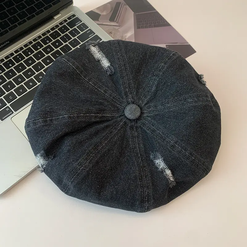 Korean Retro Make Old Ripped Denim Beret