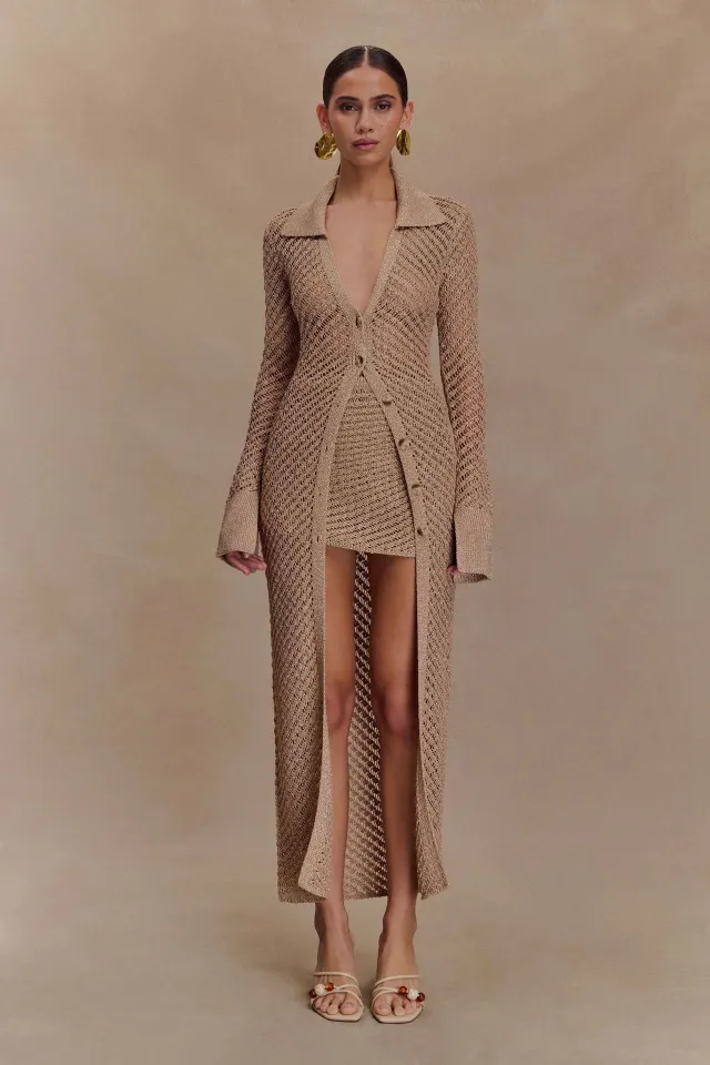 Hollow out Metallic Long sleeve Lapel Fashionable Solid color Dress Khaki - Shop at LoveMi