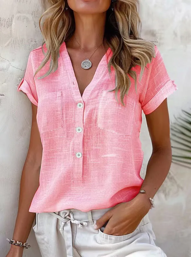 Solid Color Button Fashion Short Sleeve - Pink