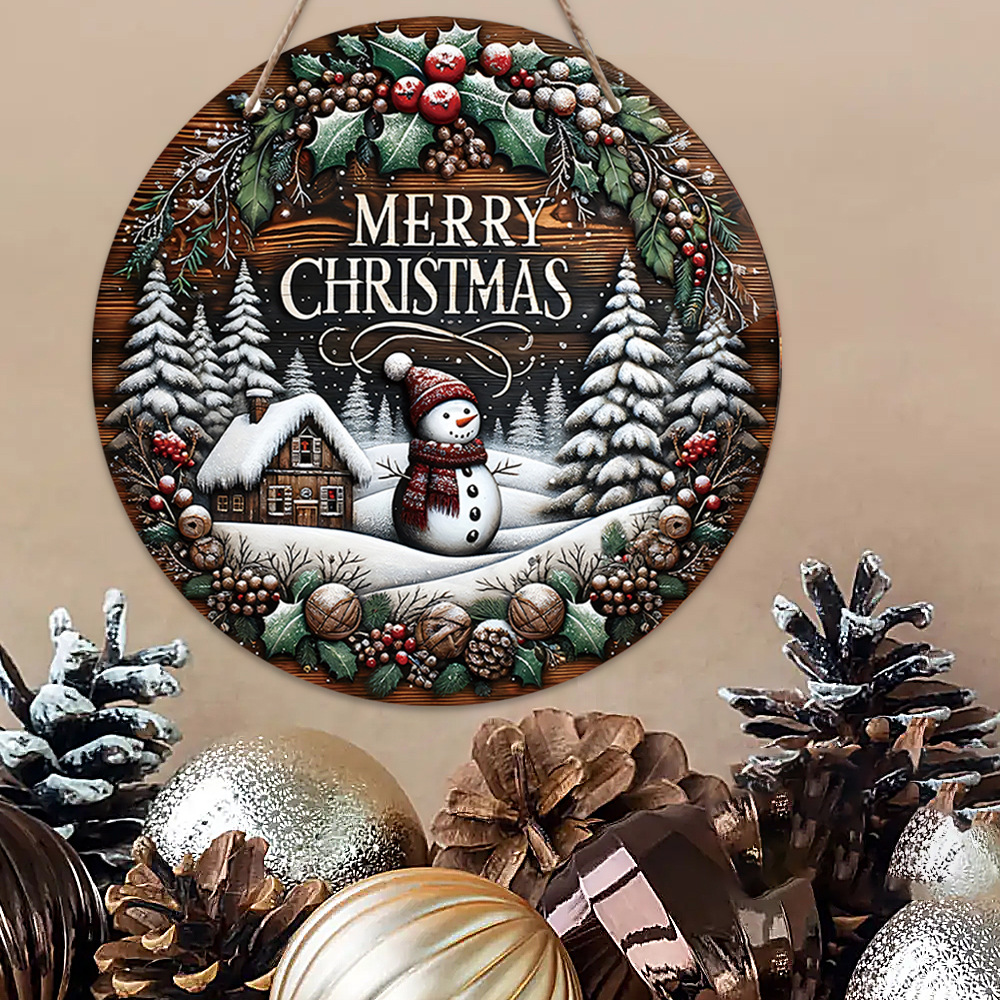 Title 1, Wooden Merry Christmas Snowman Round Sign Wall ...