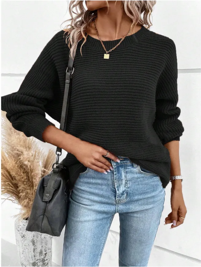 Back Button Batwing Sleeve Sweater - Black