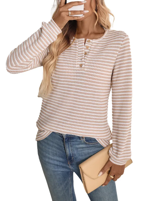 European And American Pineapple Grid Casual Button Round Neck T shirt Knitted Long Sleeve Apricot - Shop at LoveMi