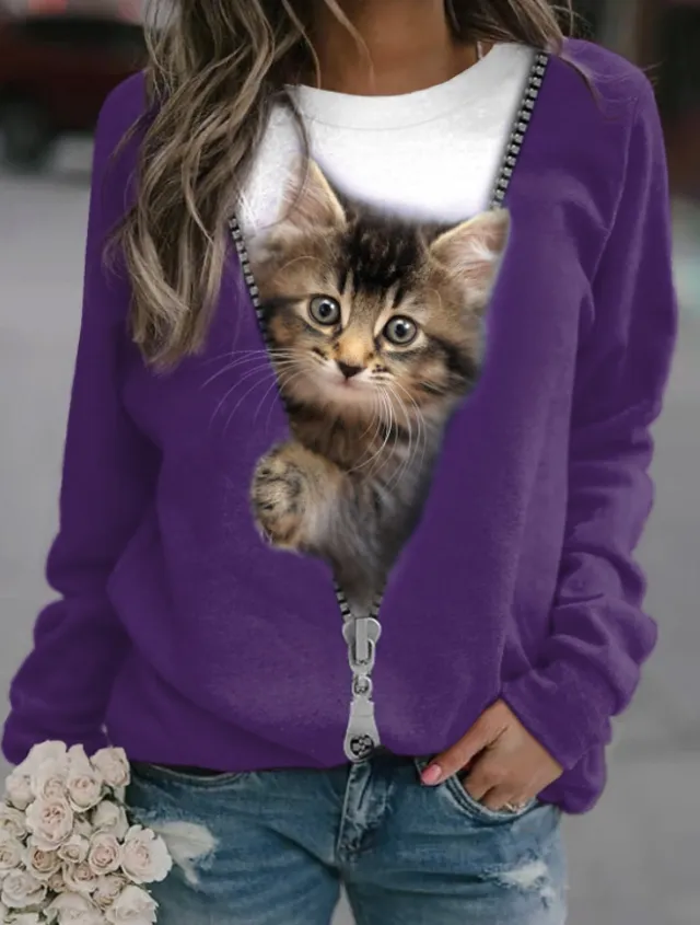 Women's Cat Basic Printed Round Neck Regular Pullover Picture Color 1 - Shop at LoveMi