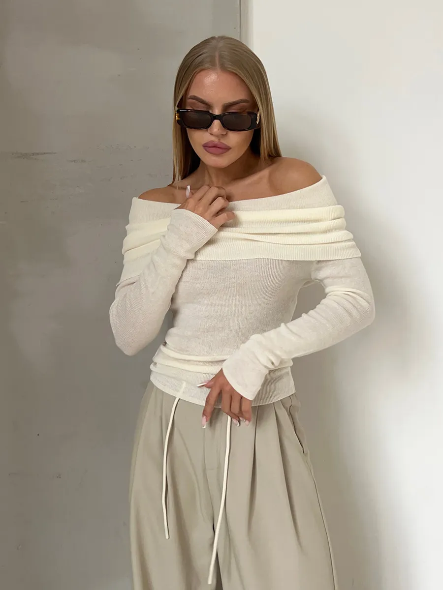 Winter Sexy Slim-fit Cashmere Off-neck Long Sleeve Bottoming Sweater - White