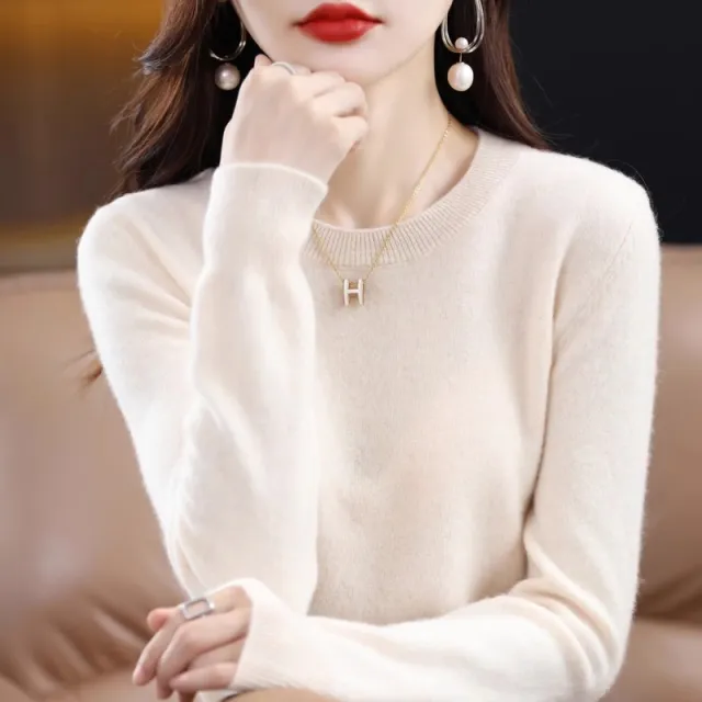 Round Neck Pure Wool Women's Sweater Loose Autumn And Winter Beige - Shop at LoveMi