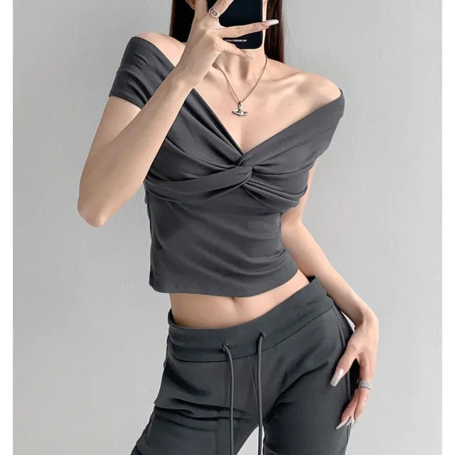 Pleated Kink Stacking Short Sleeve Comfortable Top Dark Gray - Shop at LoveMi