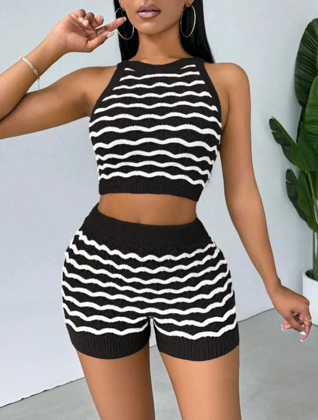 Multicolored Striped Crochet Backless Top And Skirt Set Black - Shop at LoveMi