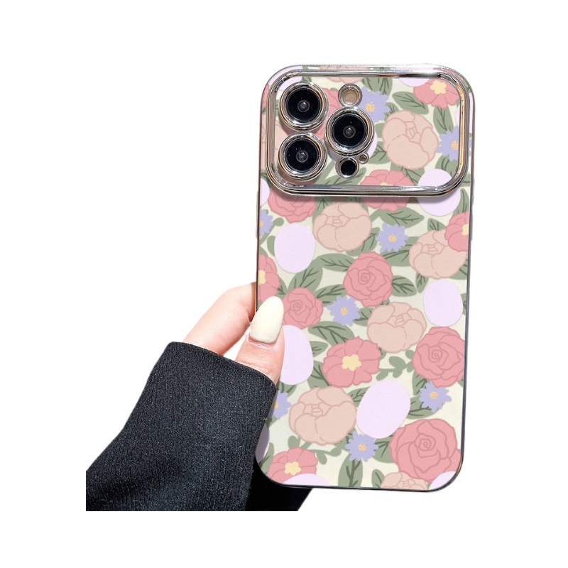 Large-screen-compatible Electroplated Flower Phone Case Protector With Oil Painting Design Drop-resistant