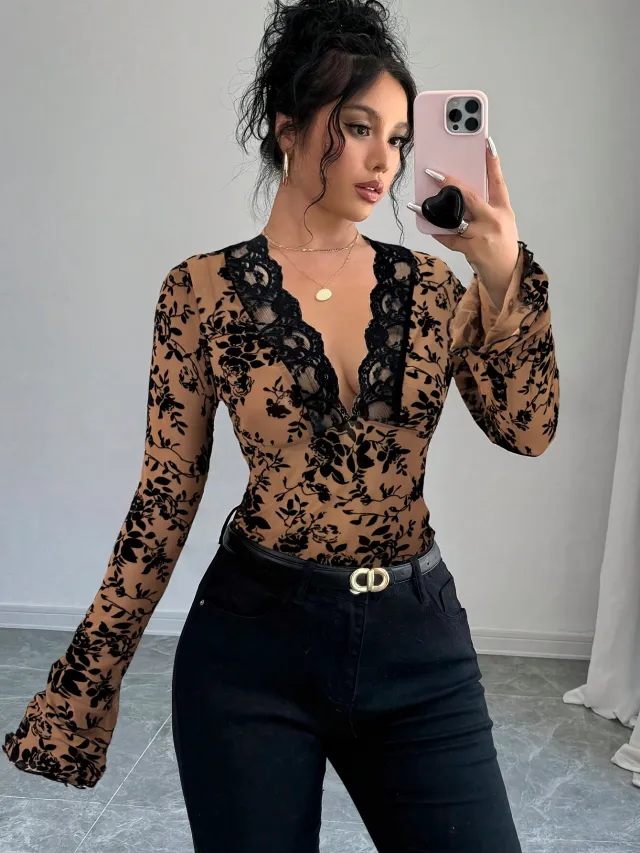 Women V neck Lace Mesh Flare Sleeve T shirt Khaki - Shop at LoveMi
